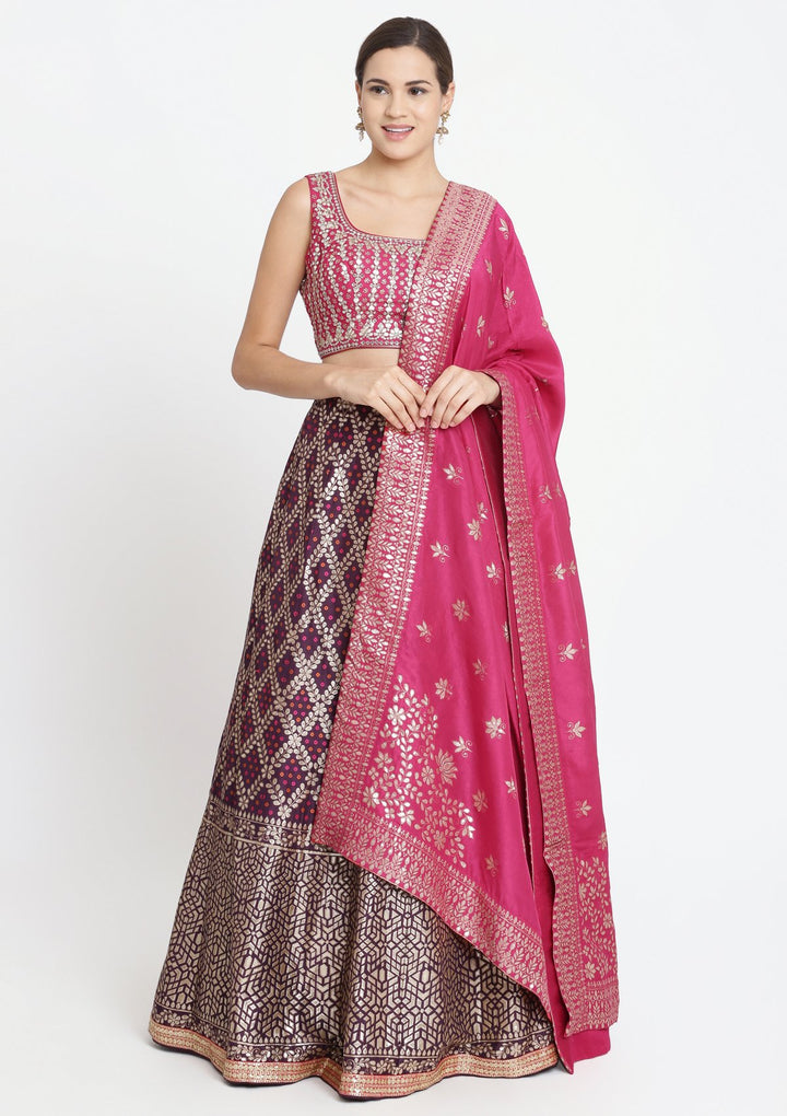 Wine and Fuschia Gotapatti Brocade Designer Lehenga-Koskii