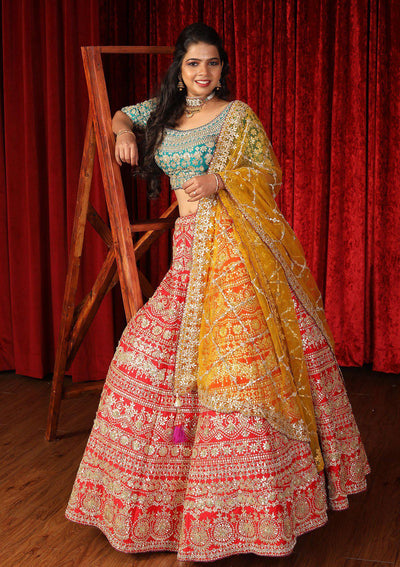 Red Gota Patti Raw Silk Designer Lehenga-Koskii