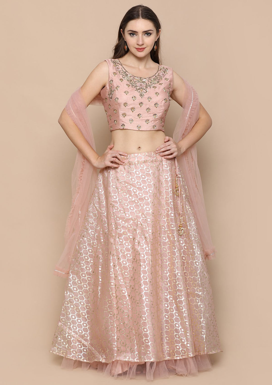 Peach Pink Zardozi Work Brocade Designer Lehenga-Koskii