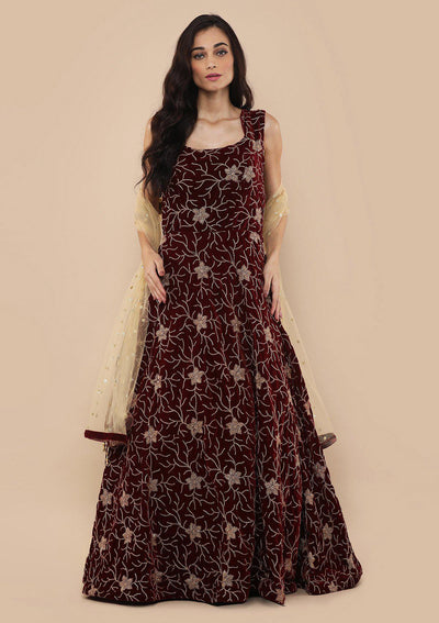 Maroon Zari Work Velvet Designer Gown-Koskii