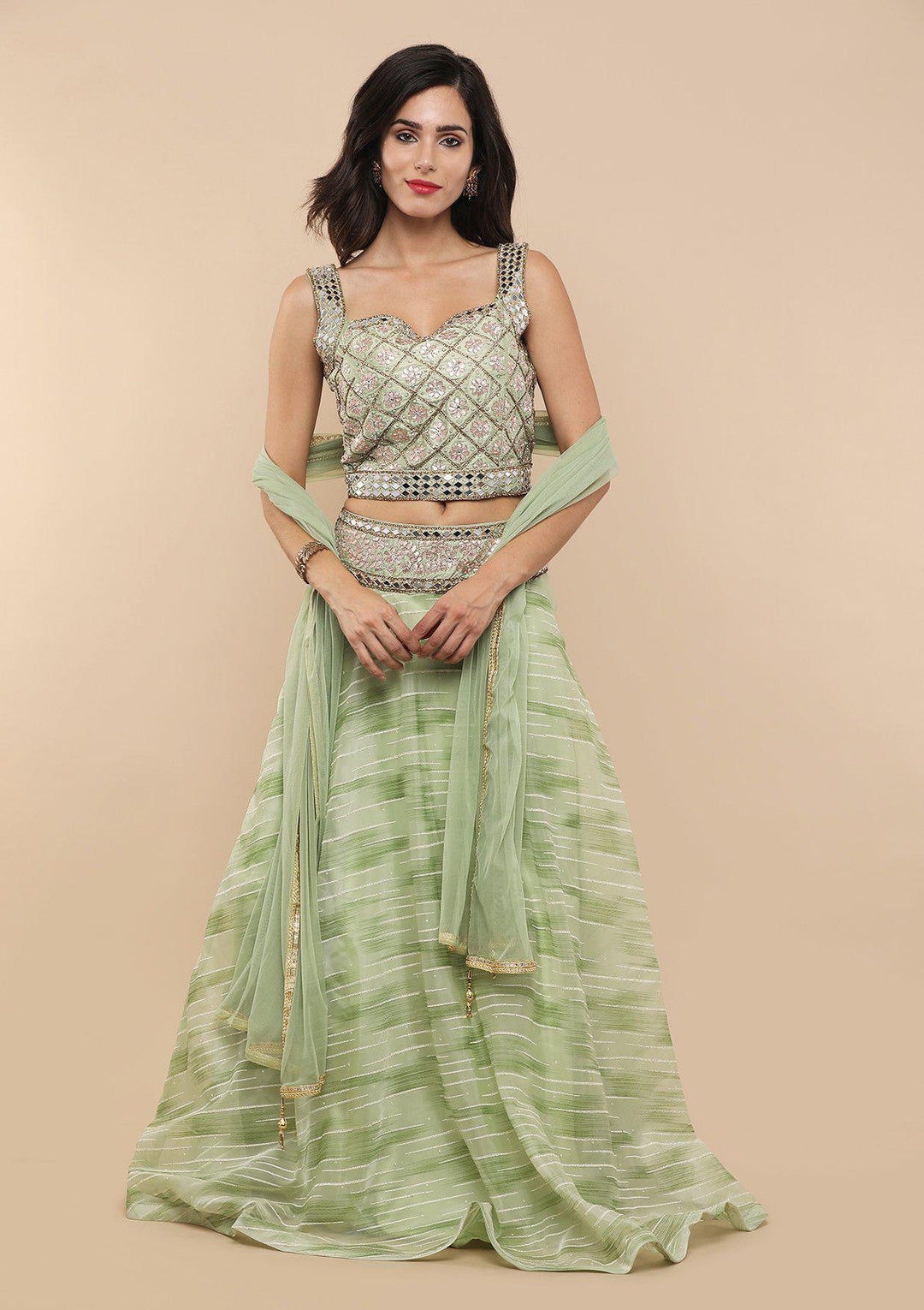 Green Mirror-Work Tissue Designer Lehenga-Koskii