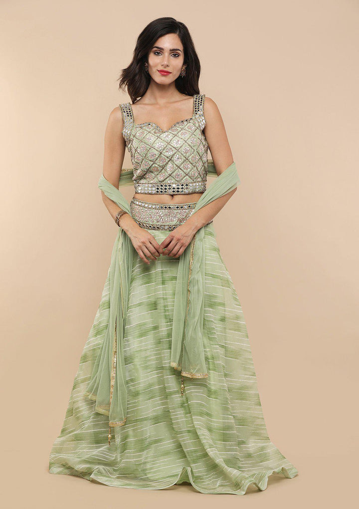 Green Mirror-Work Tissue Designer Lehenga-Koskii