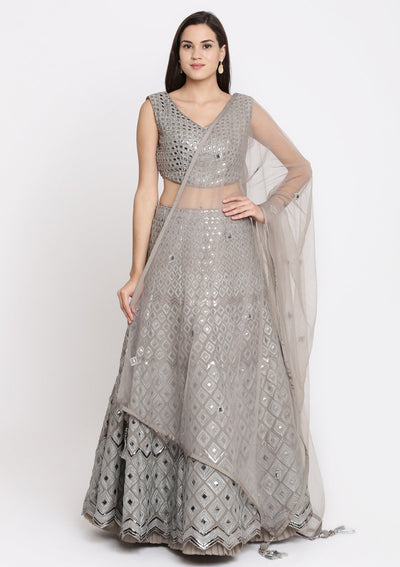 Grey Mirrorwork Tissue Designer Lehenga-Koskii