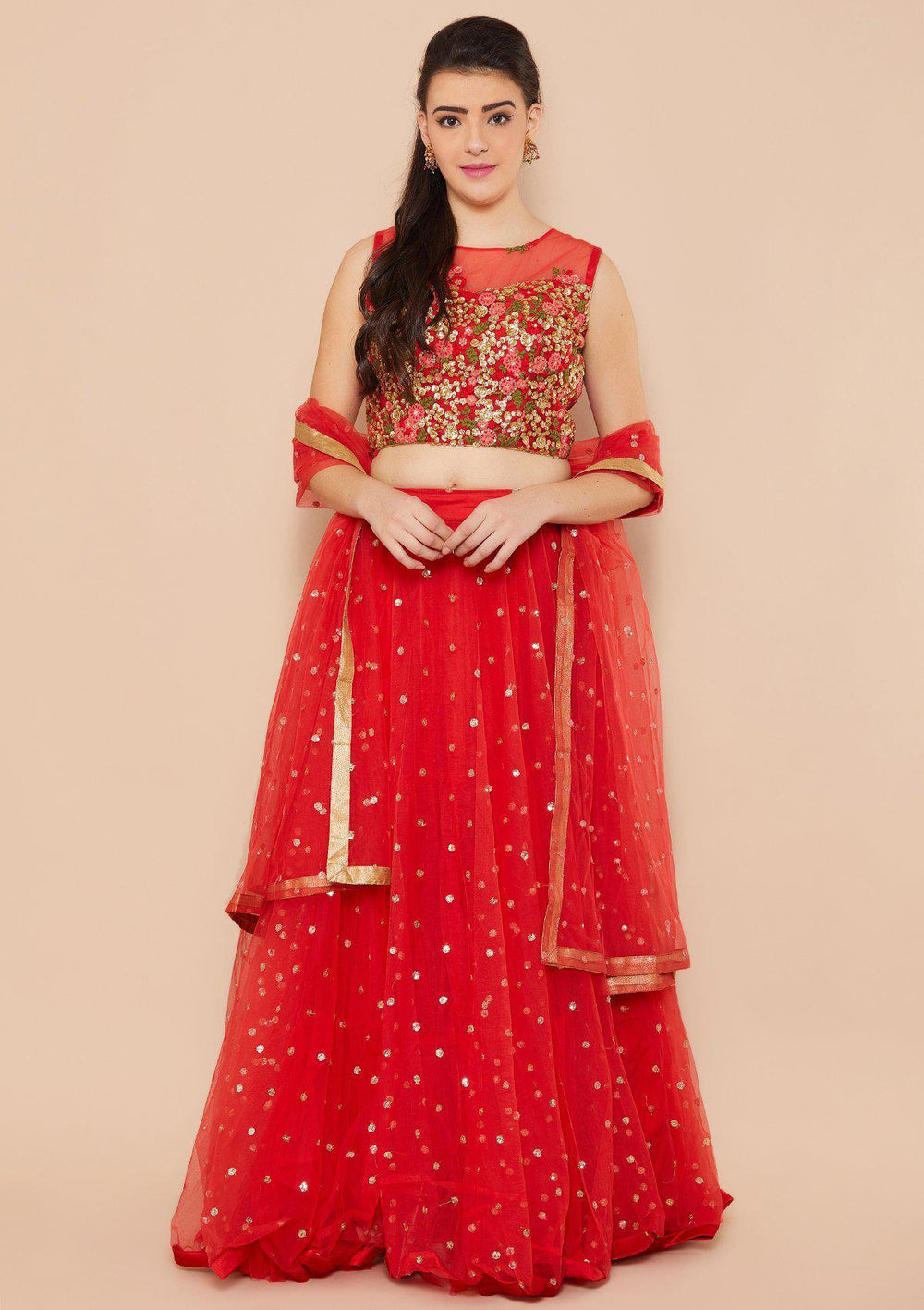 Crimson Zariwork Net Designer Lehenga-Koskii