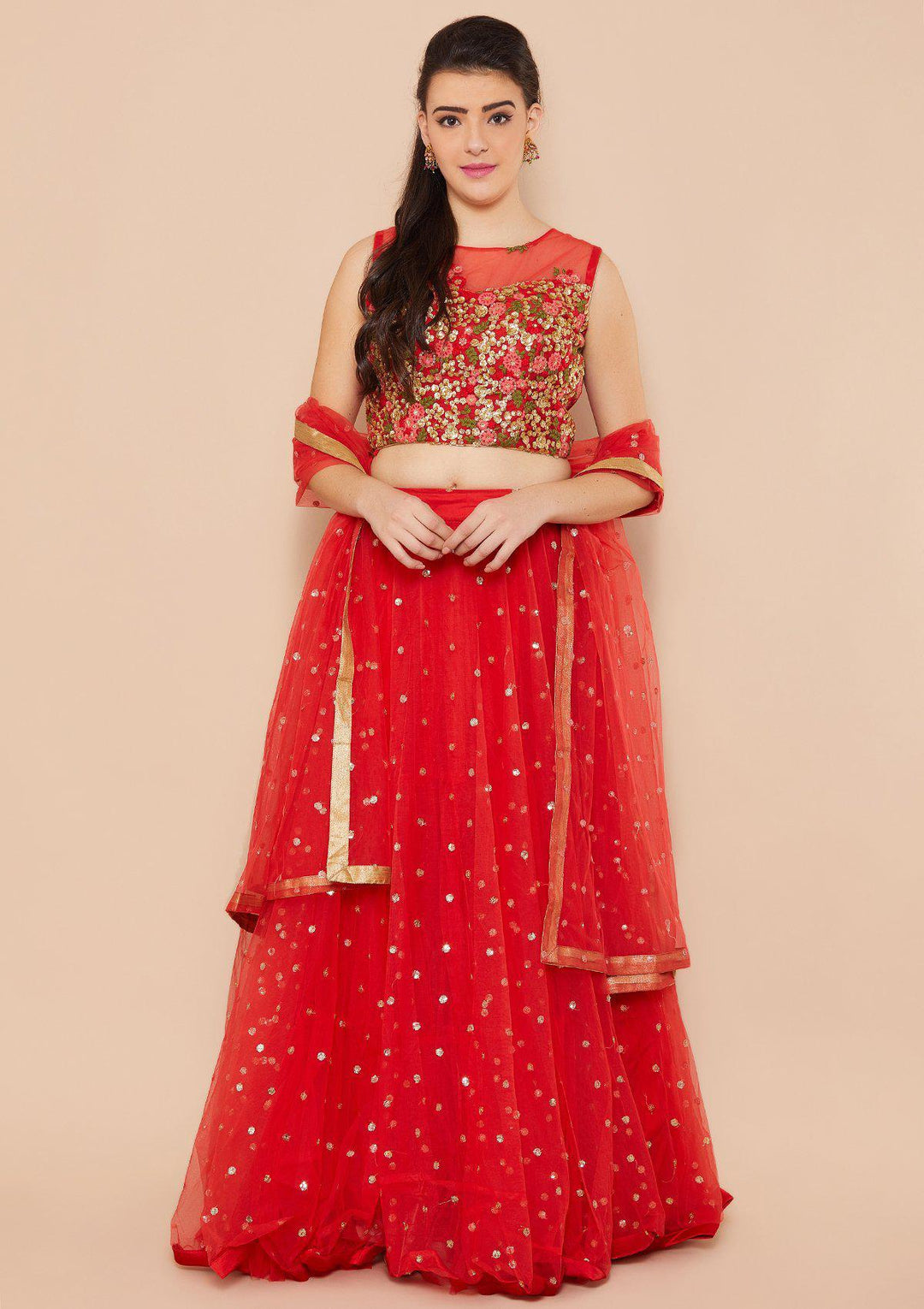 Crimson Zariwork Net Designer Lehenga-Koskii