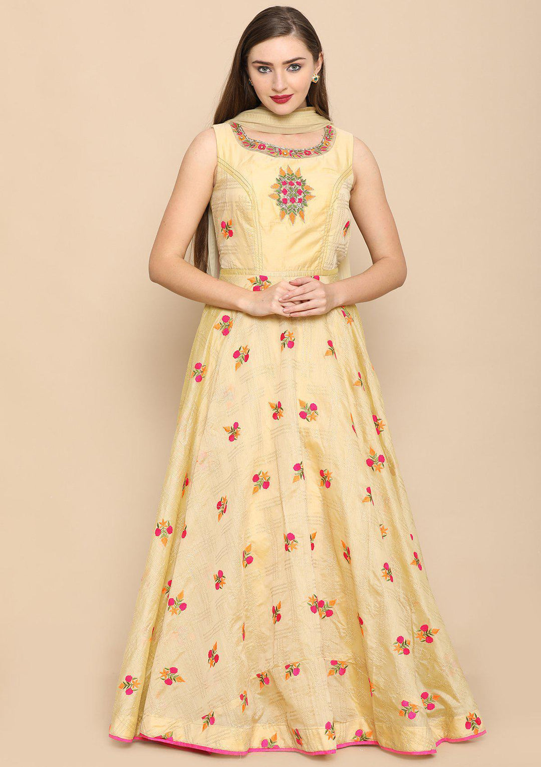 Yellow Thread Work Tissue Designer Gown-Koskii