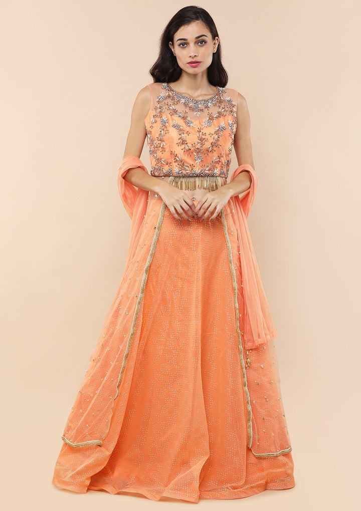 Dark Peach Stone Work Tissue Designer Lehenga-Koskii