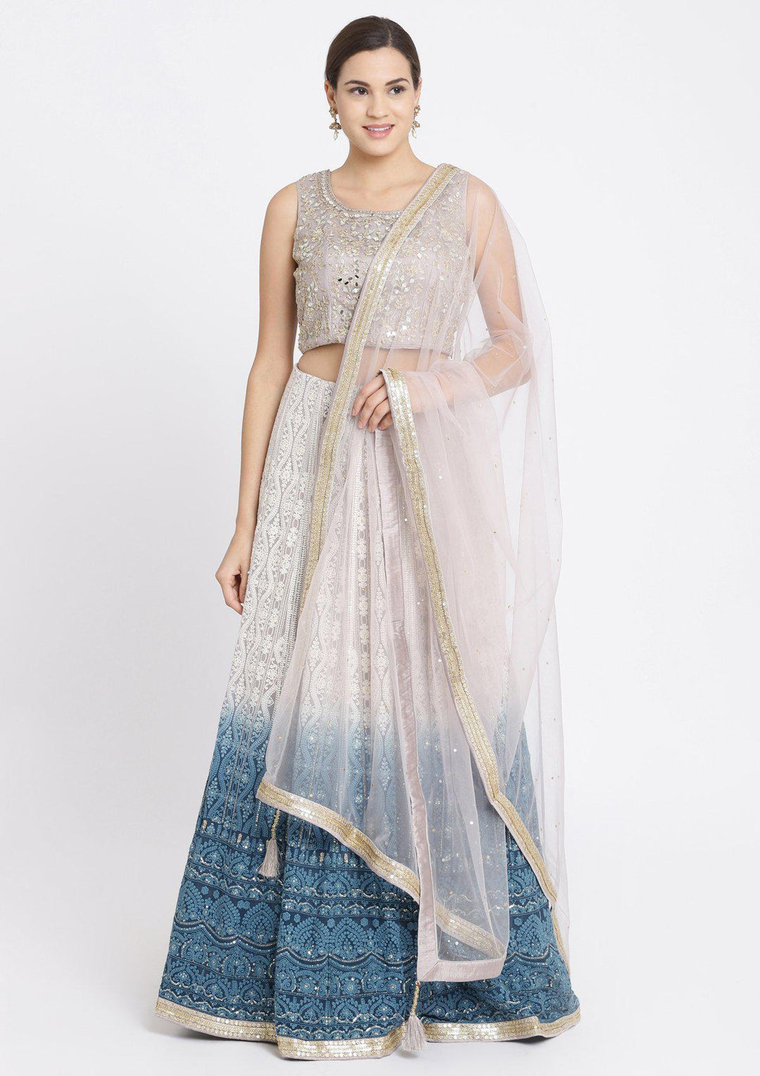 Peacock Blue Mirrorwork Georgette Designer Lehenga-Koskii