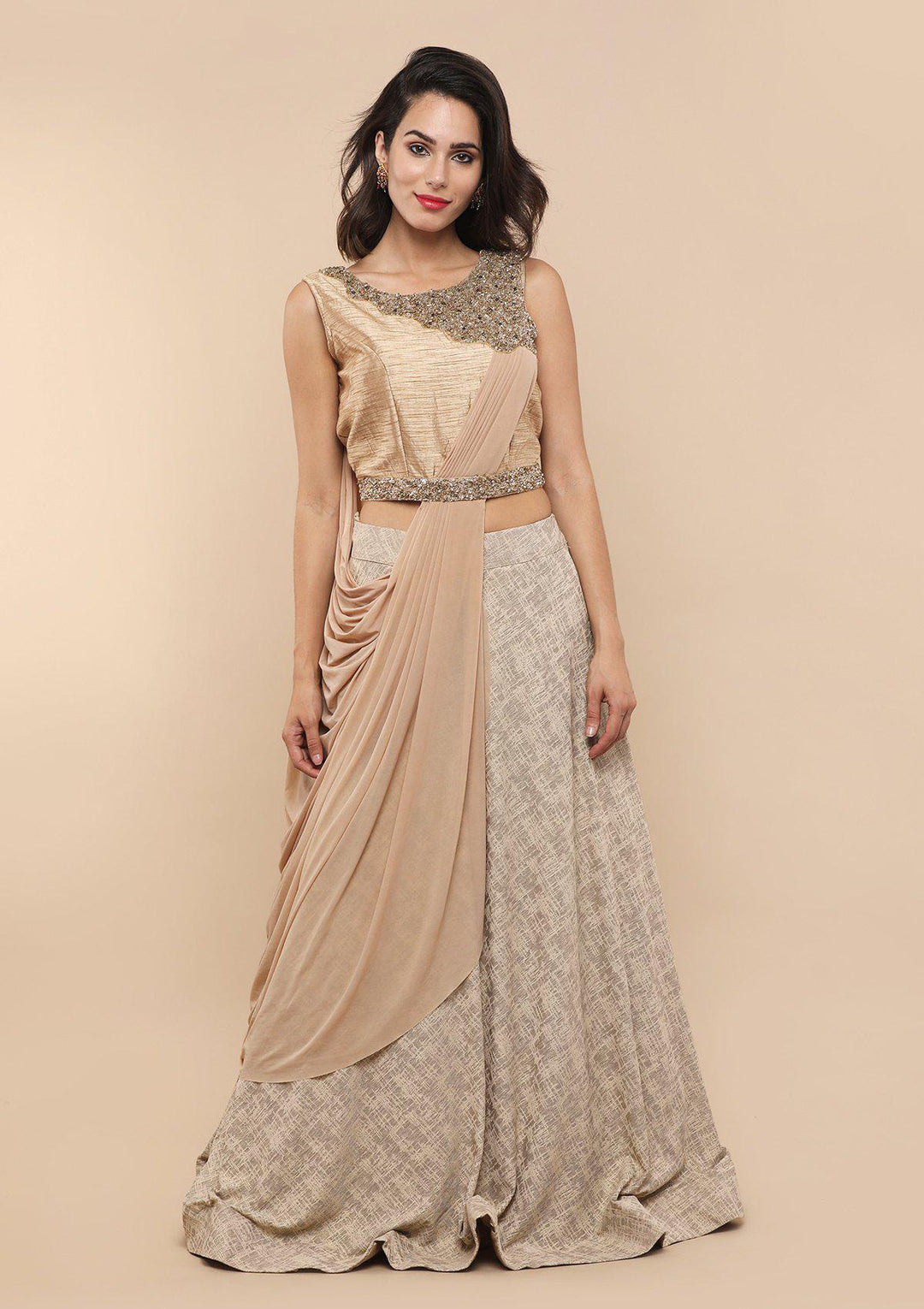 Gold Mirror Work Silk Drape Designer Lehenga-Koskii