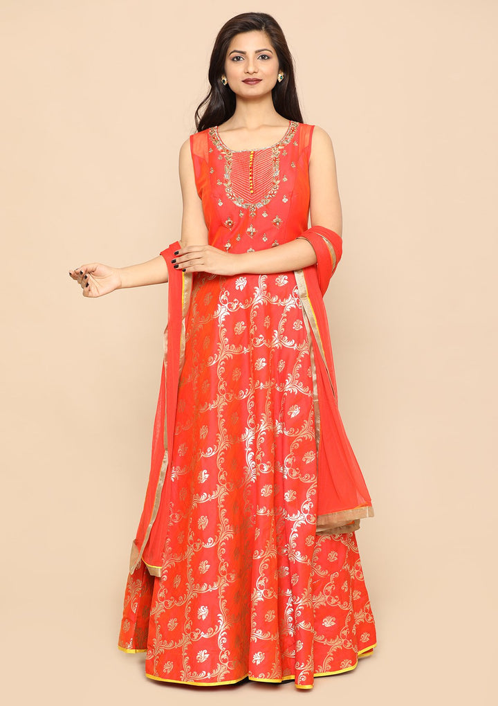 Orange Zari Work Silk Designer Gown-Koskii
