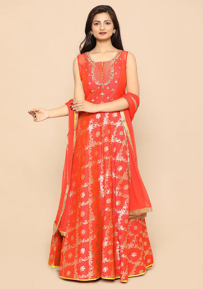 Orange Zari Work Silk Designer Gown-Koskii