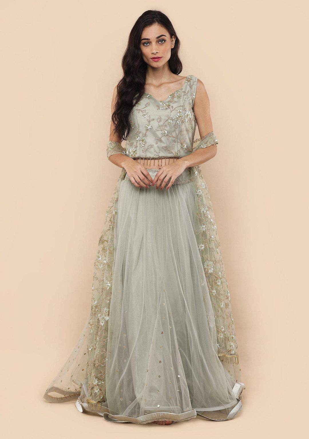 Pista Green Cutdana Work Net Designer Lehenga-Koskii