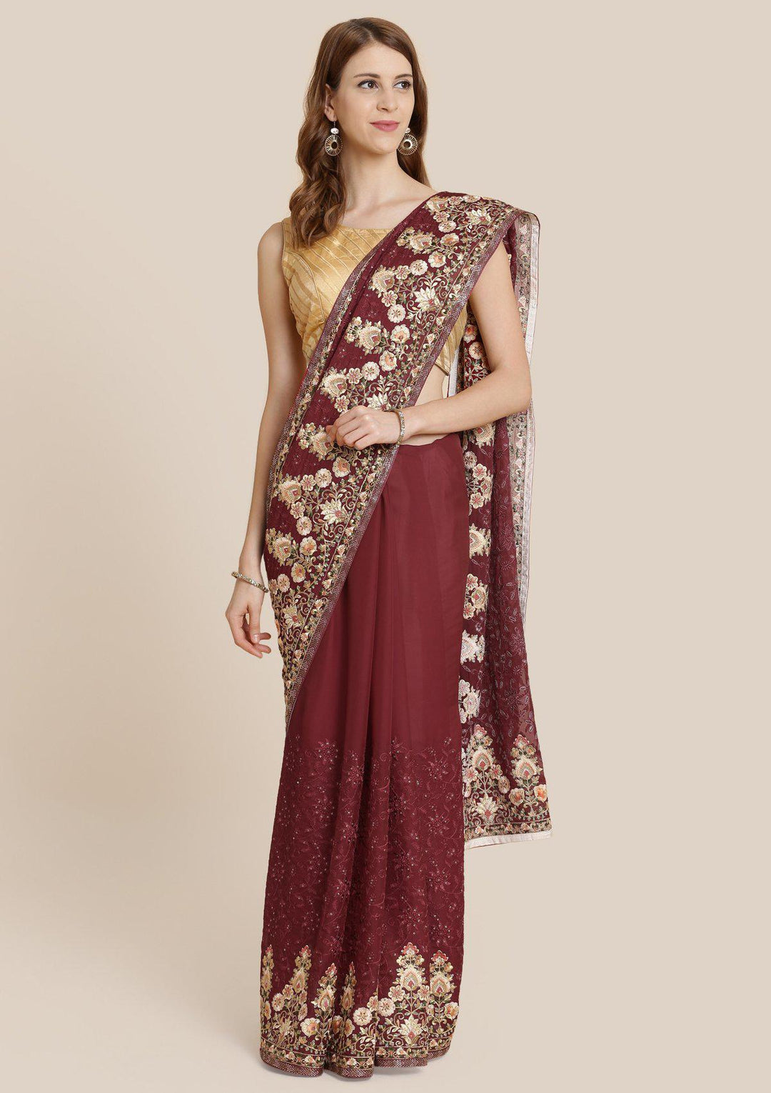 Maroon Threadwork Art Silk Designer Saree-Koskii