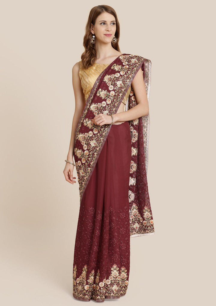 Maroon Threadwork Art Silk Designer Saree-Koskii