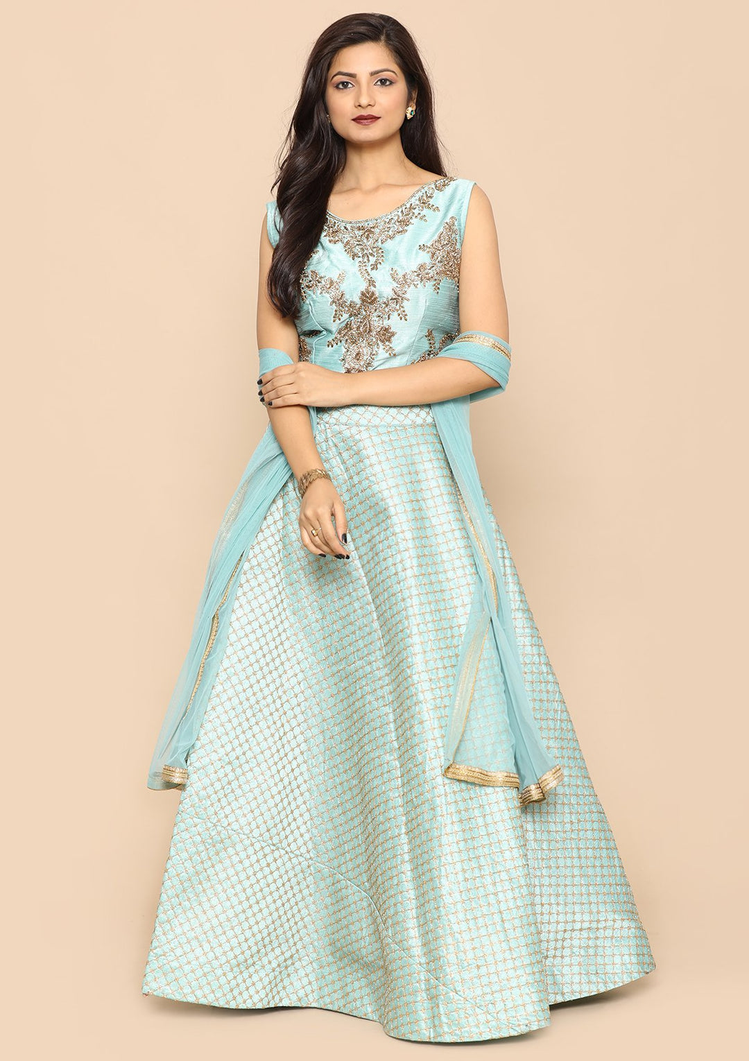 Sea Green Bead Work Silk Designer Lehenga-Koskii