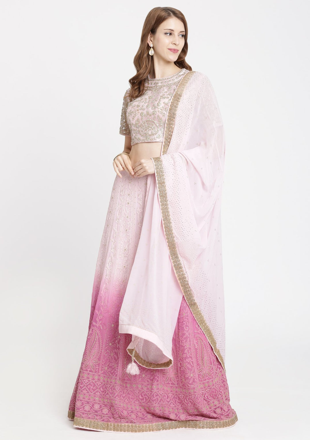 Pink Threadwork Chiffon Designer Lehenga-Koskii