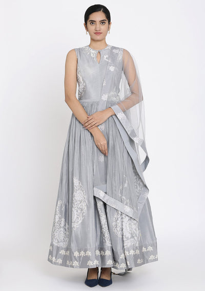 Light Grey Cutdana Satin Designer Gown - koskii