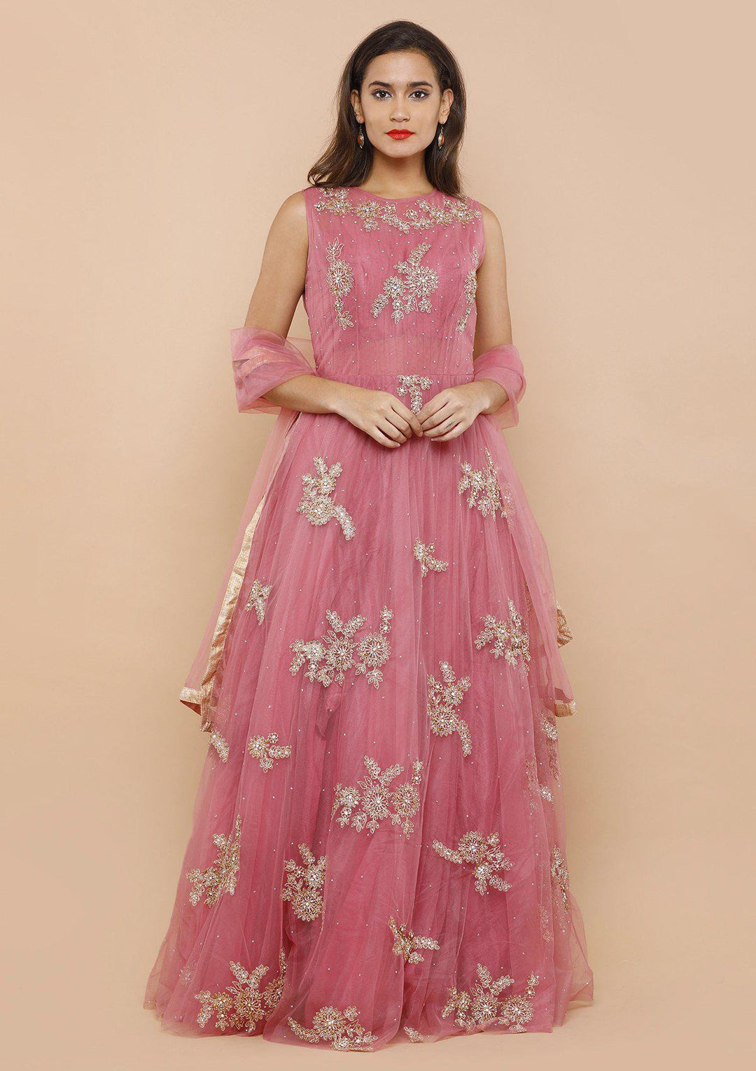 koskii dusty rose floral net gown-Koskii