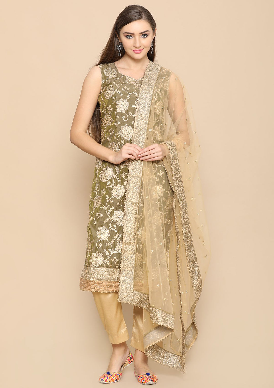 green sequinned designer salwar suit-Koskii