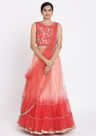 Red And Pink Threadwork Net Designer Lehenga - koskii