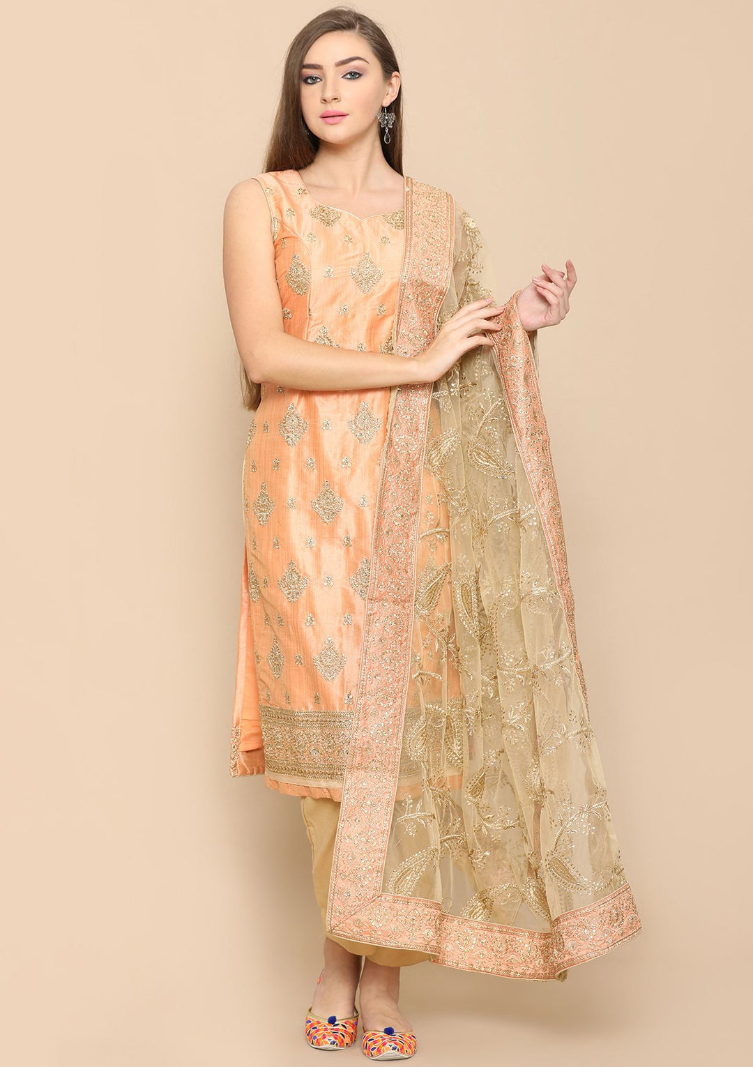 peach pearlwork designer salwar suit-Koskii
