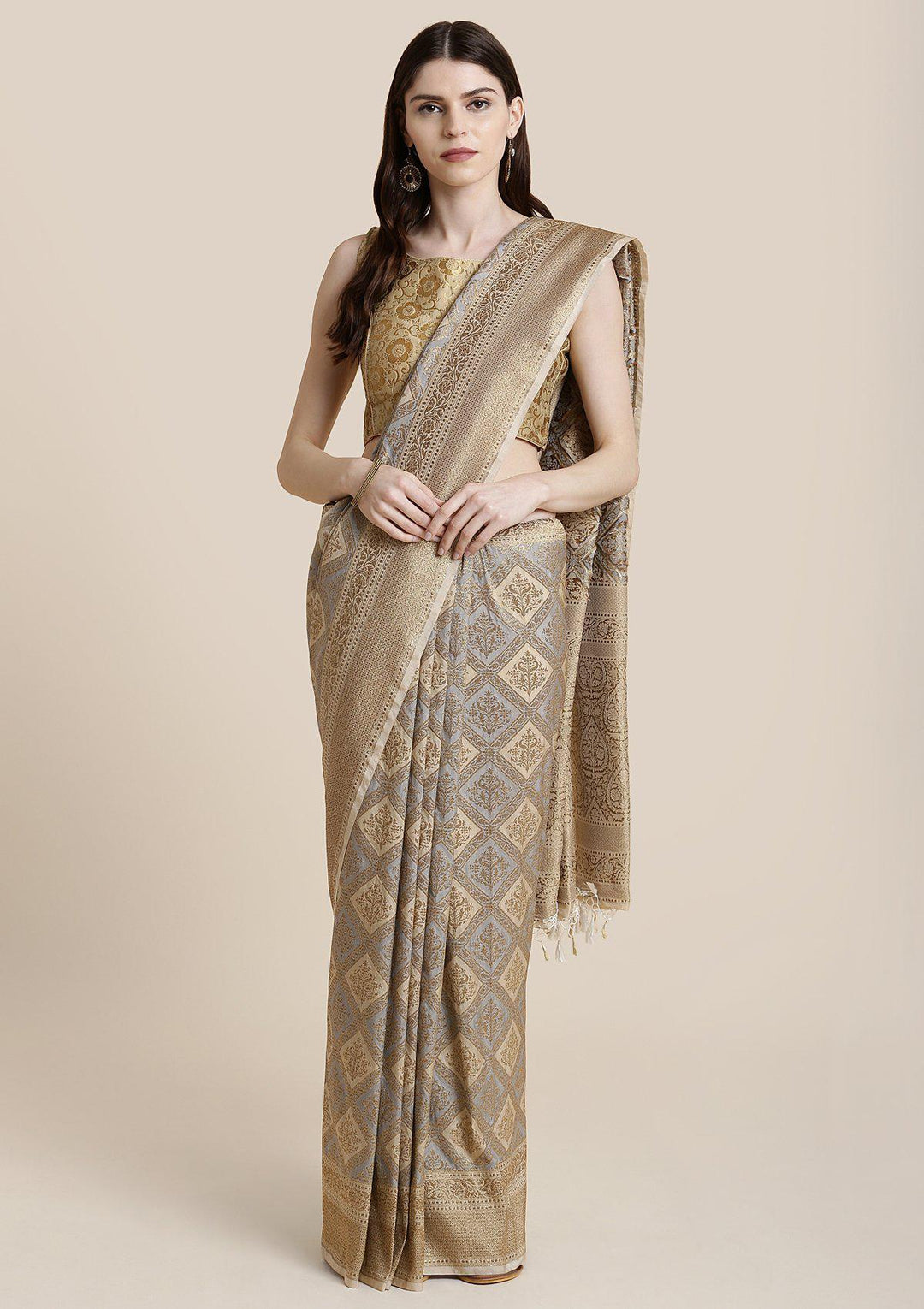 Fawn Zariwork Brocade Designer Saree-Koskii