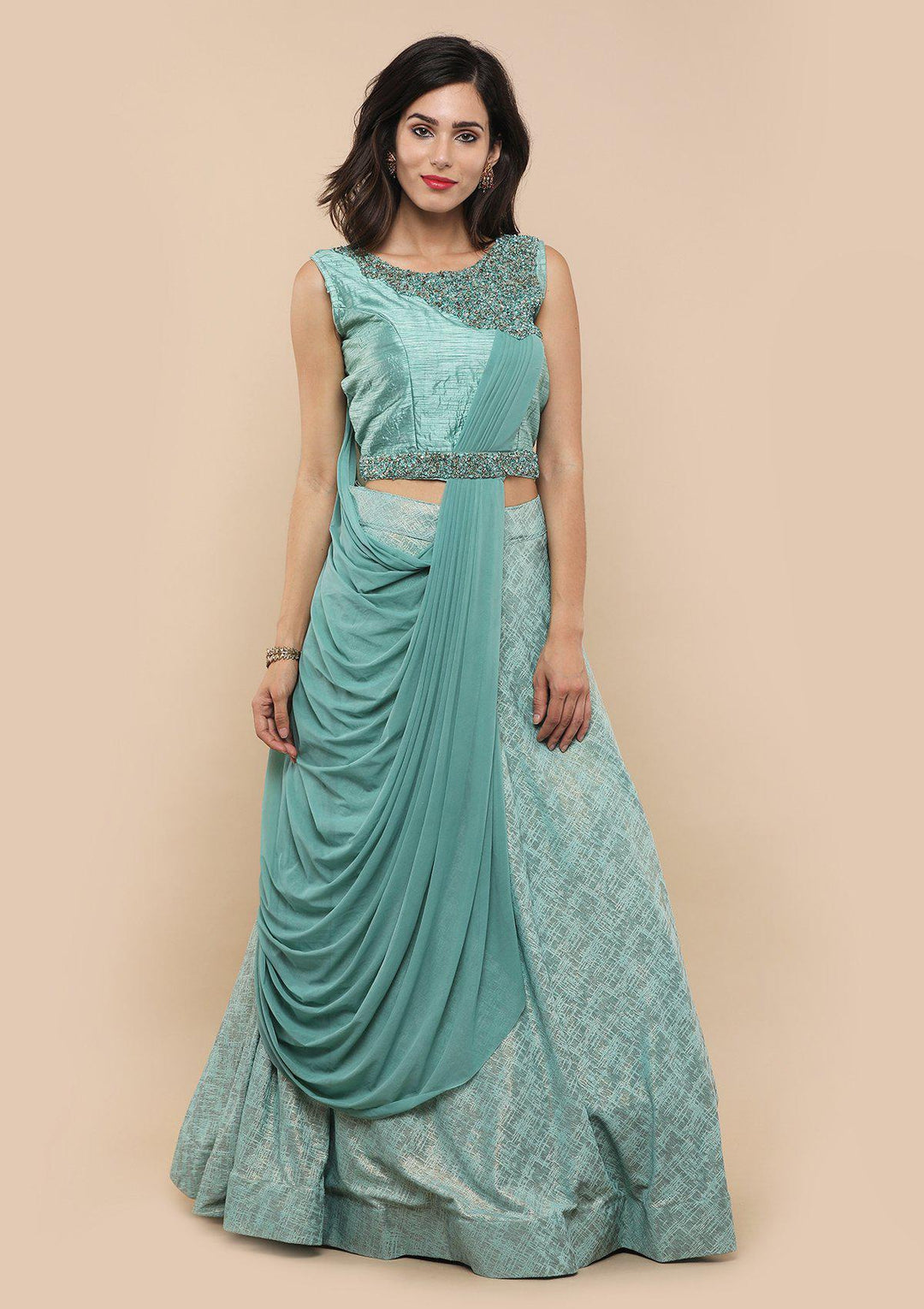 Sea Green Raw Silk Drape Designer Lehenga-Koskii