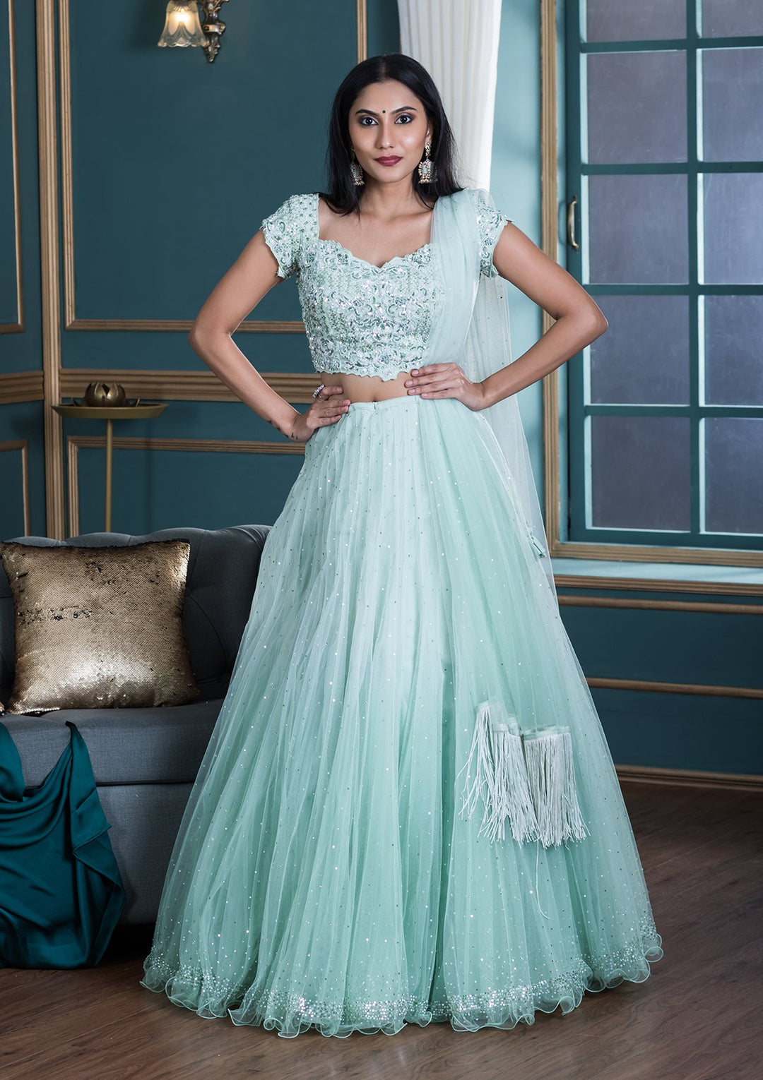 Sea Green Embellished Net Designer Lehenga-Koskii