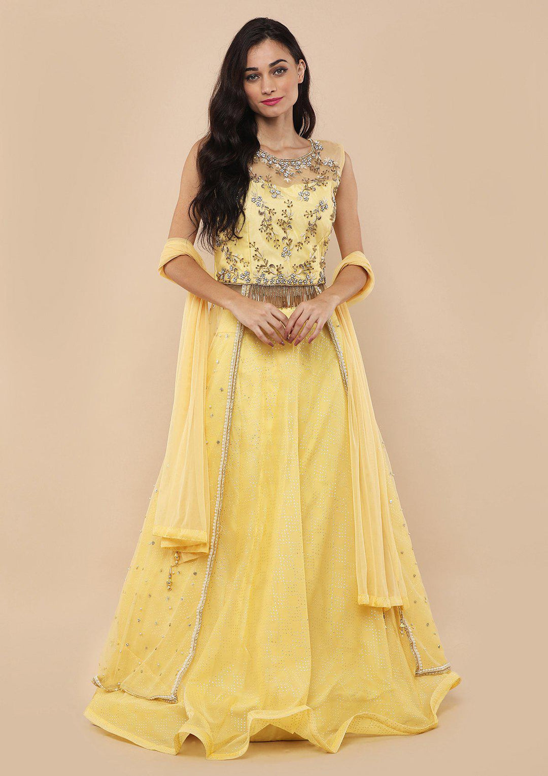 Melon Yellow Stone Work Silk Designer Lehenga-Koskii