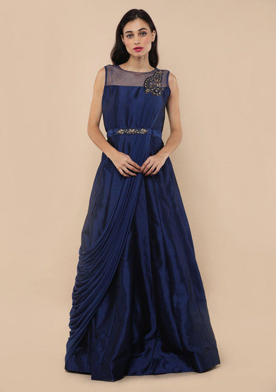 Blue Stone & Bead Work Silk Designer Gown-Koskii