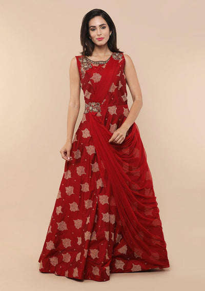 Red Brocade Designer Drape Gown-Koskii
