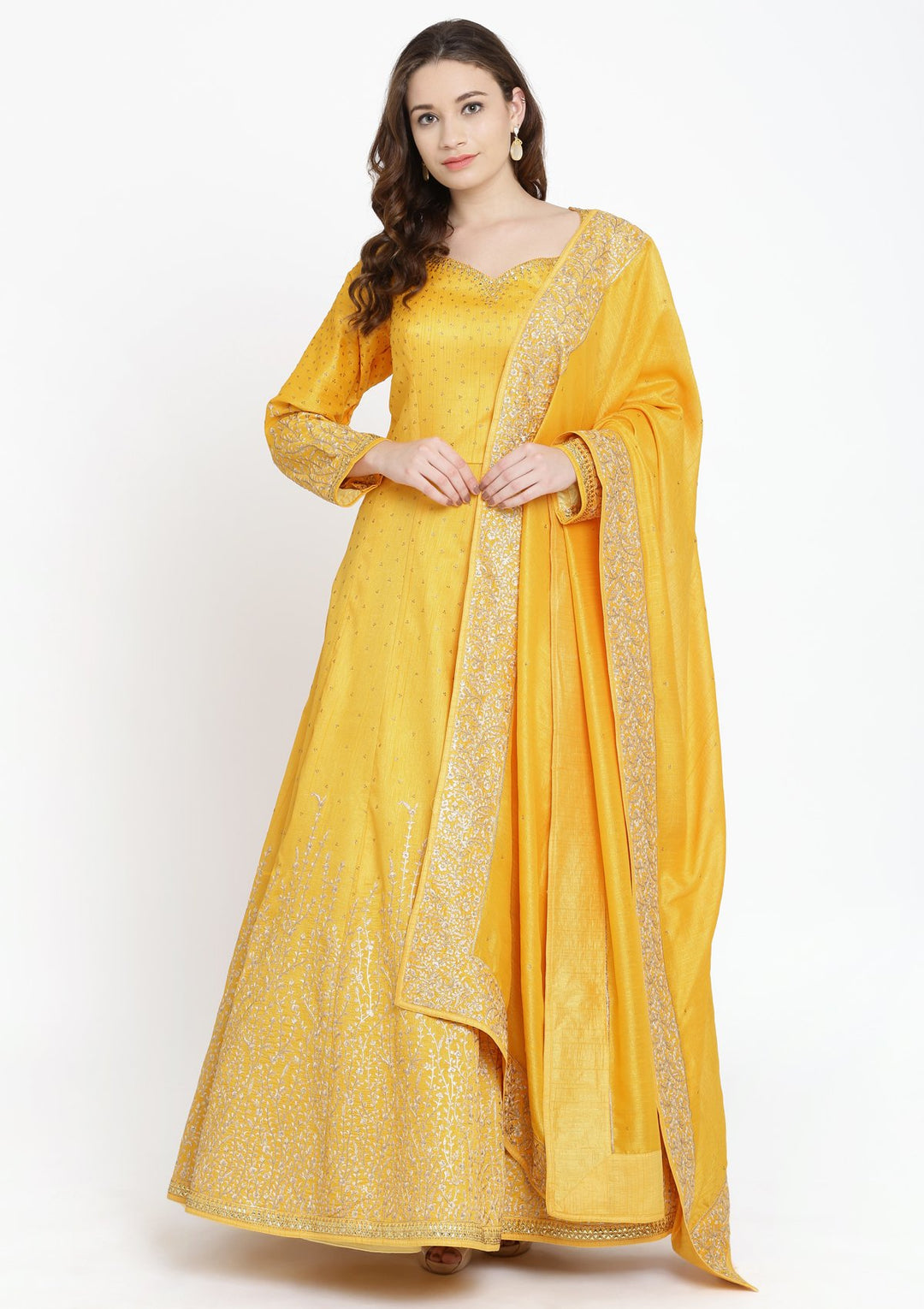 Yellow Swarovski Raw Silk Designer Gown-Koskii