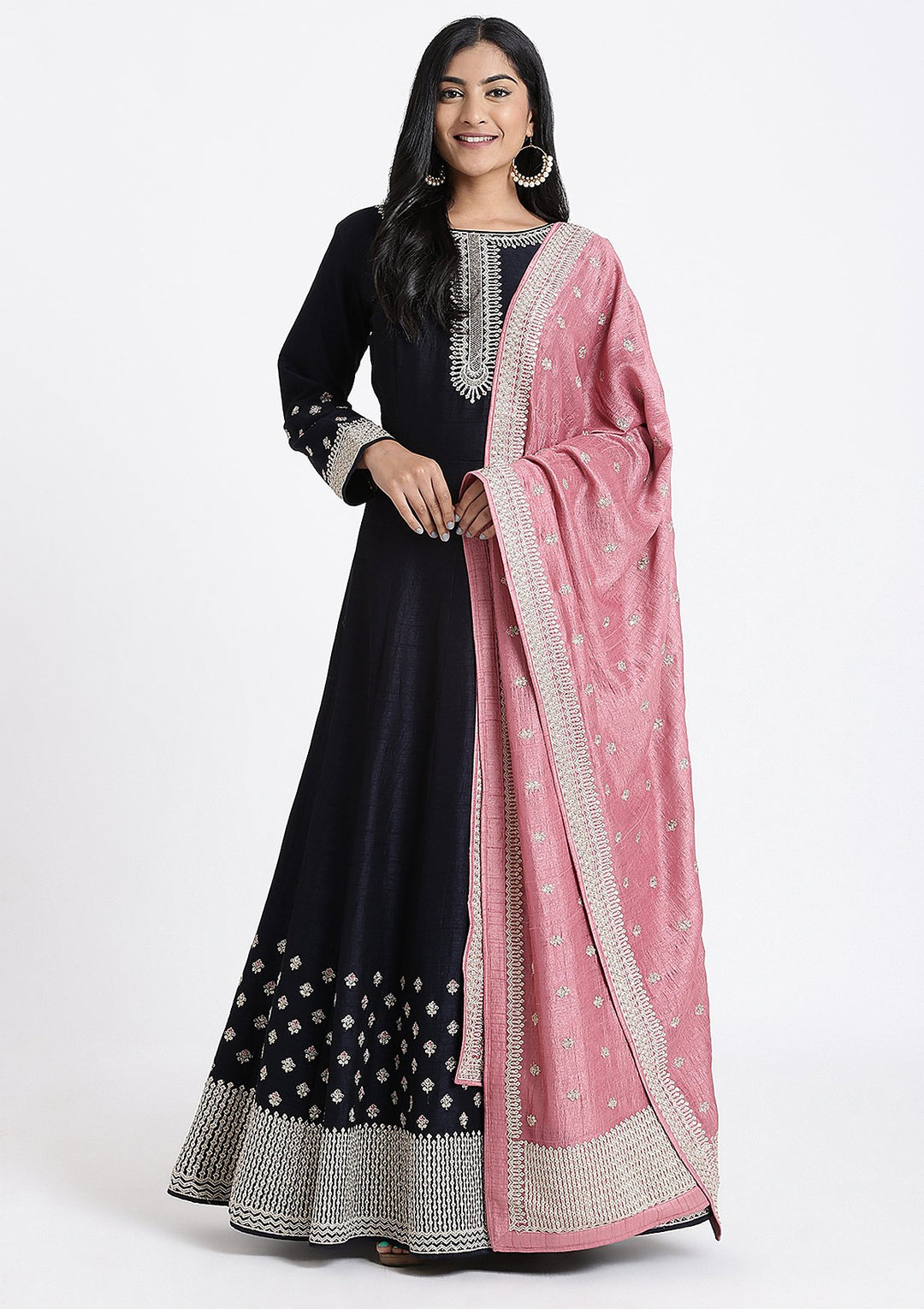 Navy Blue Zari Work Rawsilk Designer Gown-Koskii