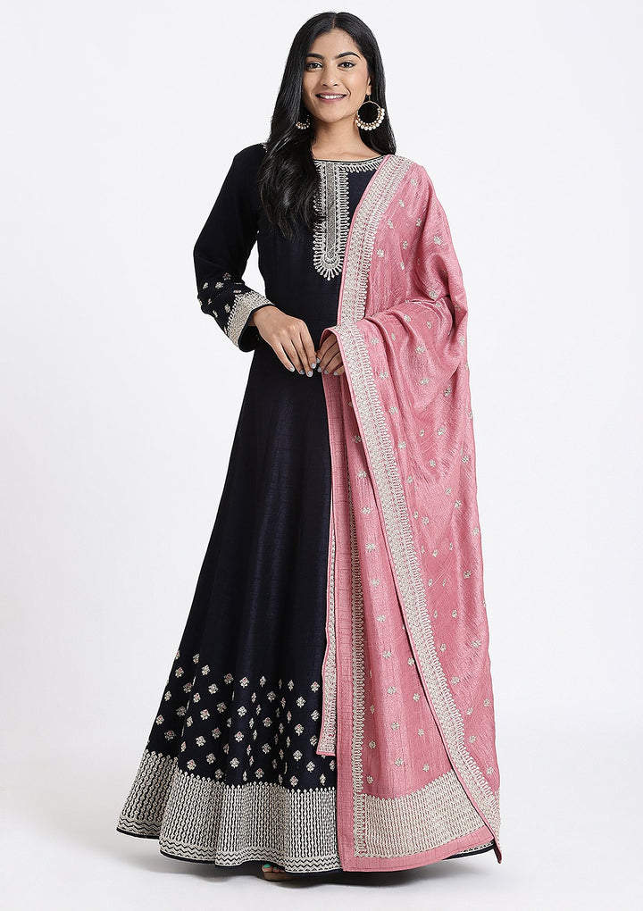 Navy Blue Zari Work Rawsilk Designer Gown-Koskii