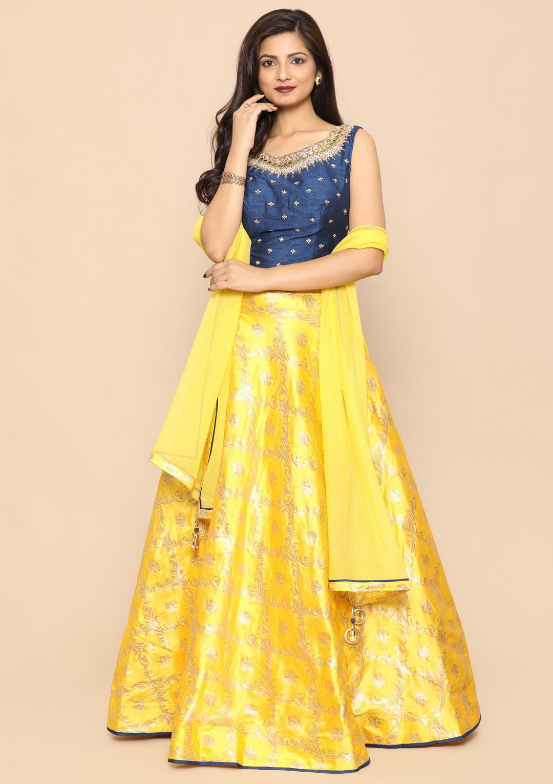 Yellow Mirror Work Silk Designer Lehenga-Koskii