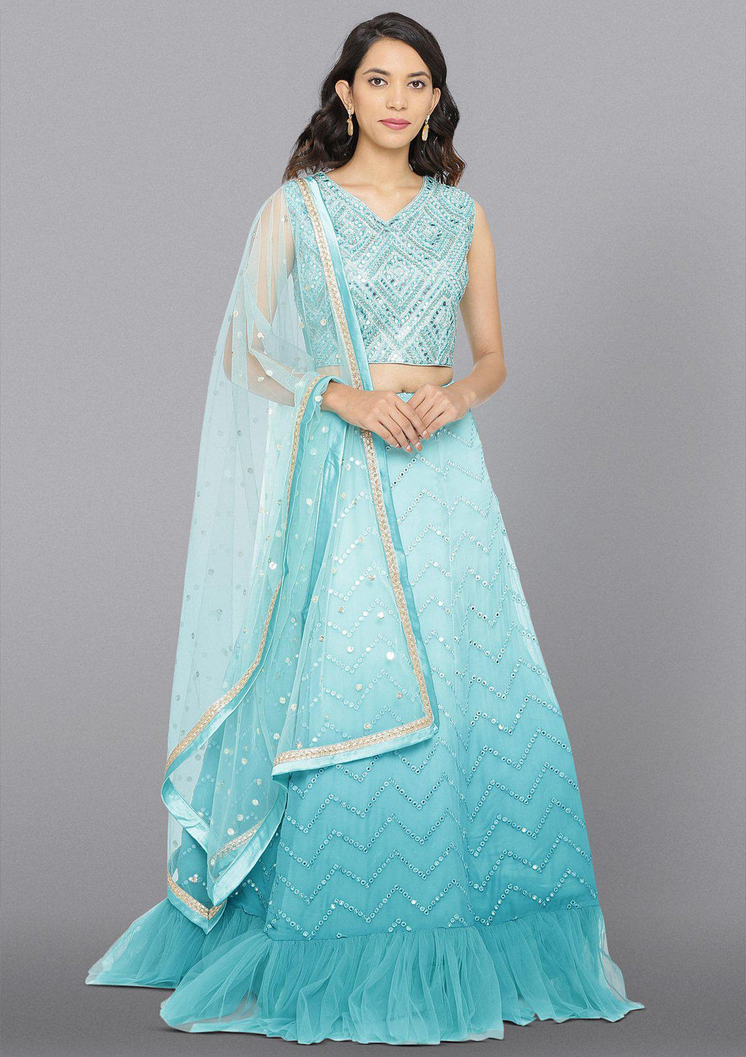 Sea Green Mirrorwork Net Designer Lehenga-Koskii