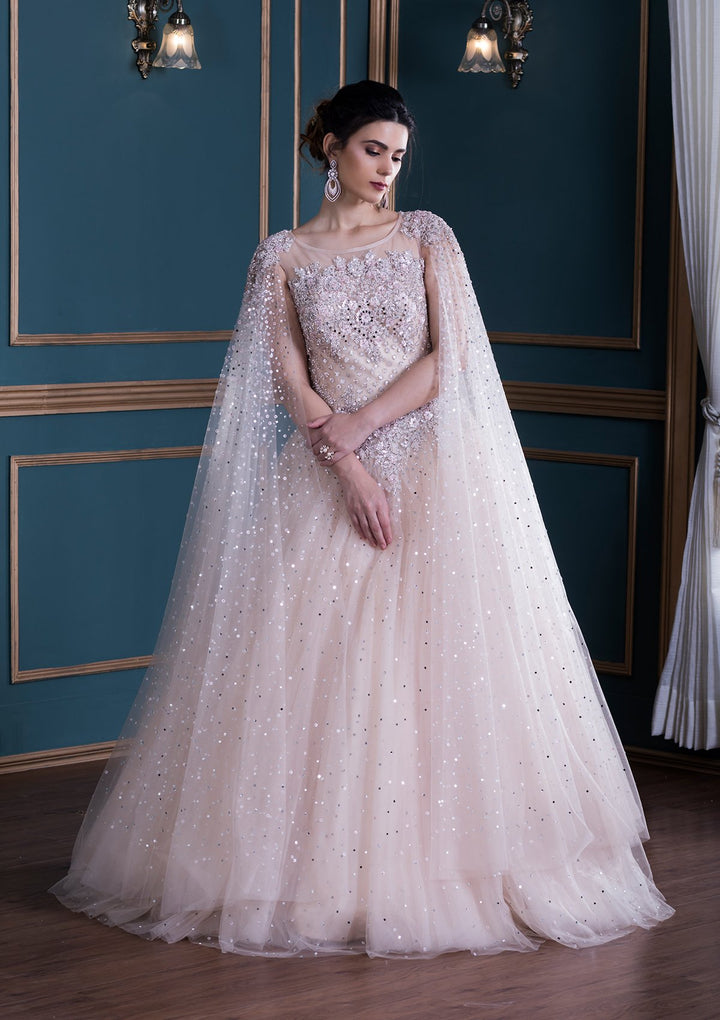 Peach Sequinned Net Designer Gown-Koskii