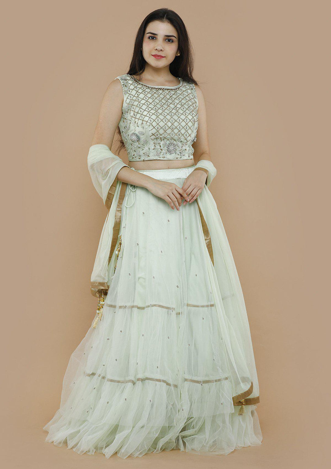 Mint Green Chequered Pearl Designer Lehenga-Koskii