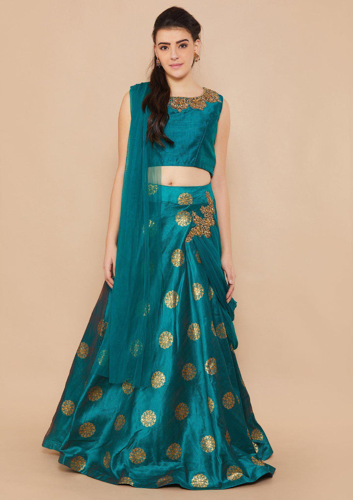 Green Stonework Raw-Silk Designer Lehenga-Koskii