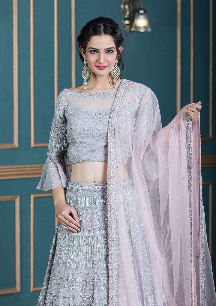 Grey Zardozi Tissue Designer Lehenga-Koskii