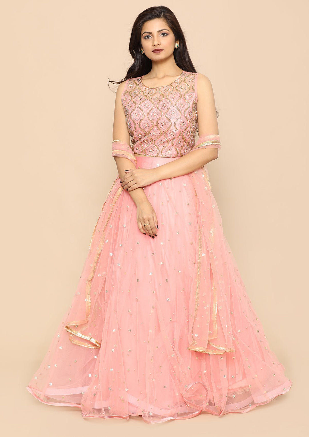 Pink Micro Stone Net Designer Lehenga-Koskii