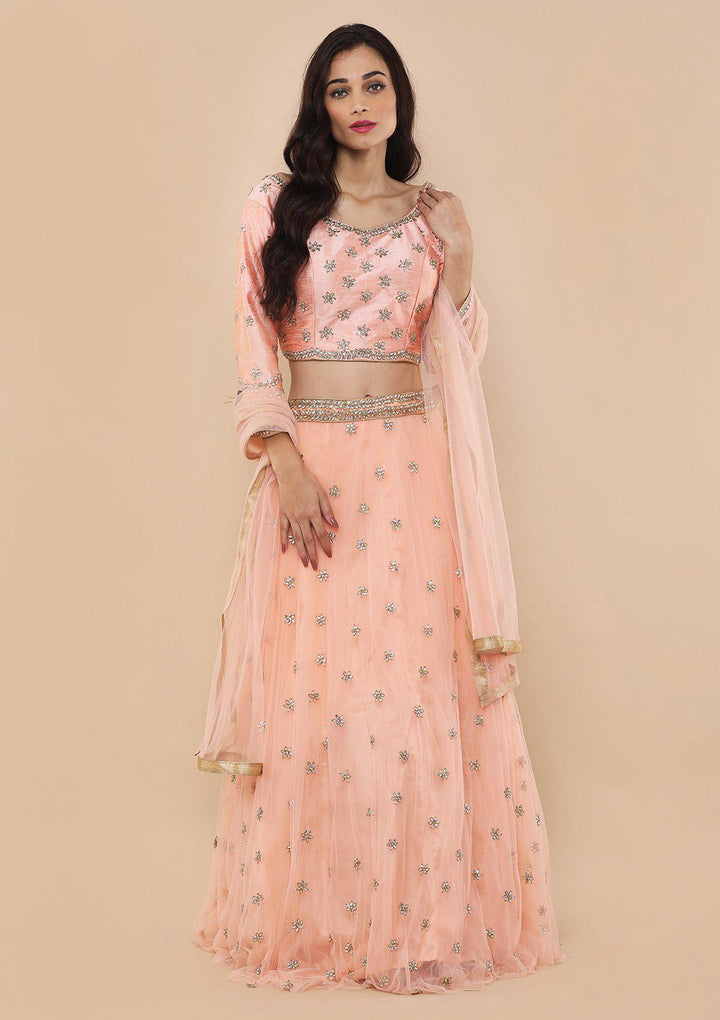 Peach Zardozi Work Silk Designer Lehenga-Koskii
