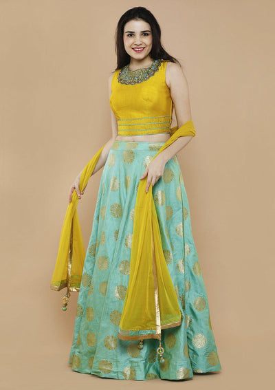 Yellow and Blue Raw Silk Designer Lehenga-Koskii