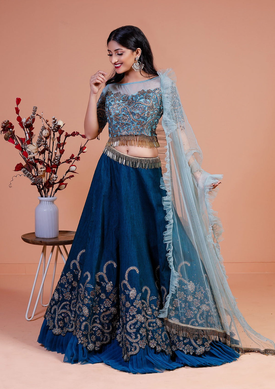 Peacock Blue Zariwork Raw Silk Designer Lehenga-Koskii