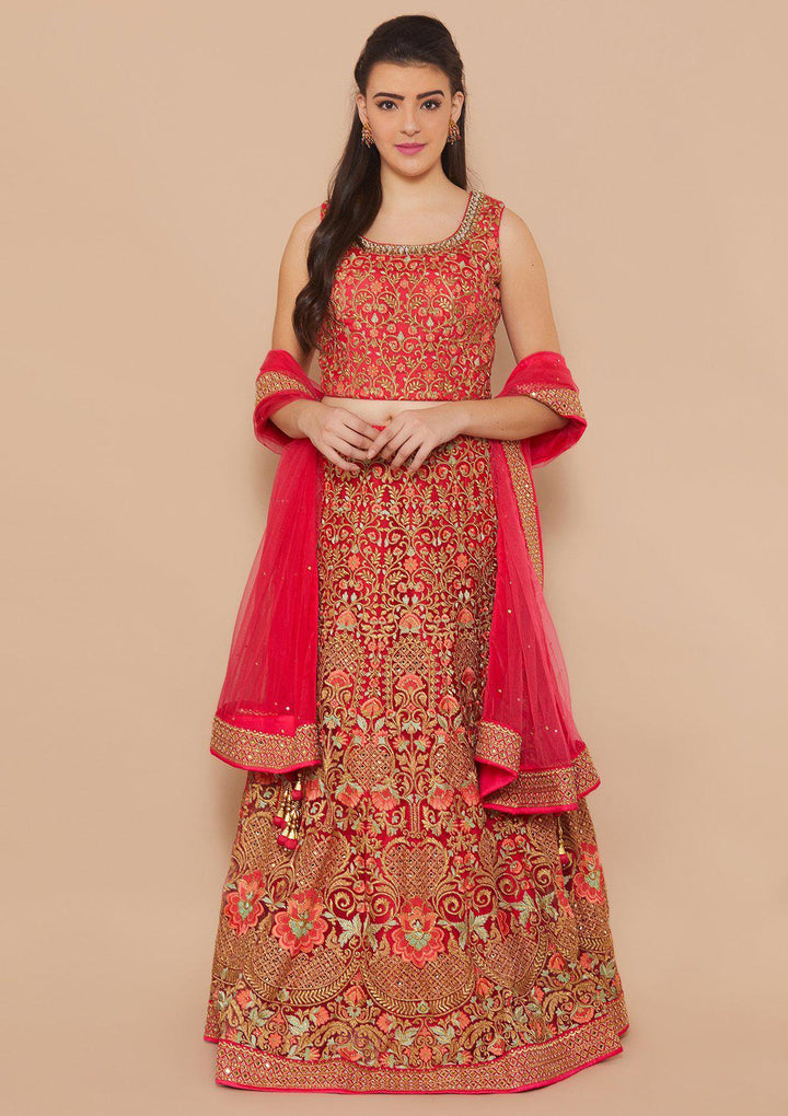 Rani Pink Zari-Work Net Designer Lehenga-Koskii