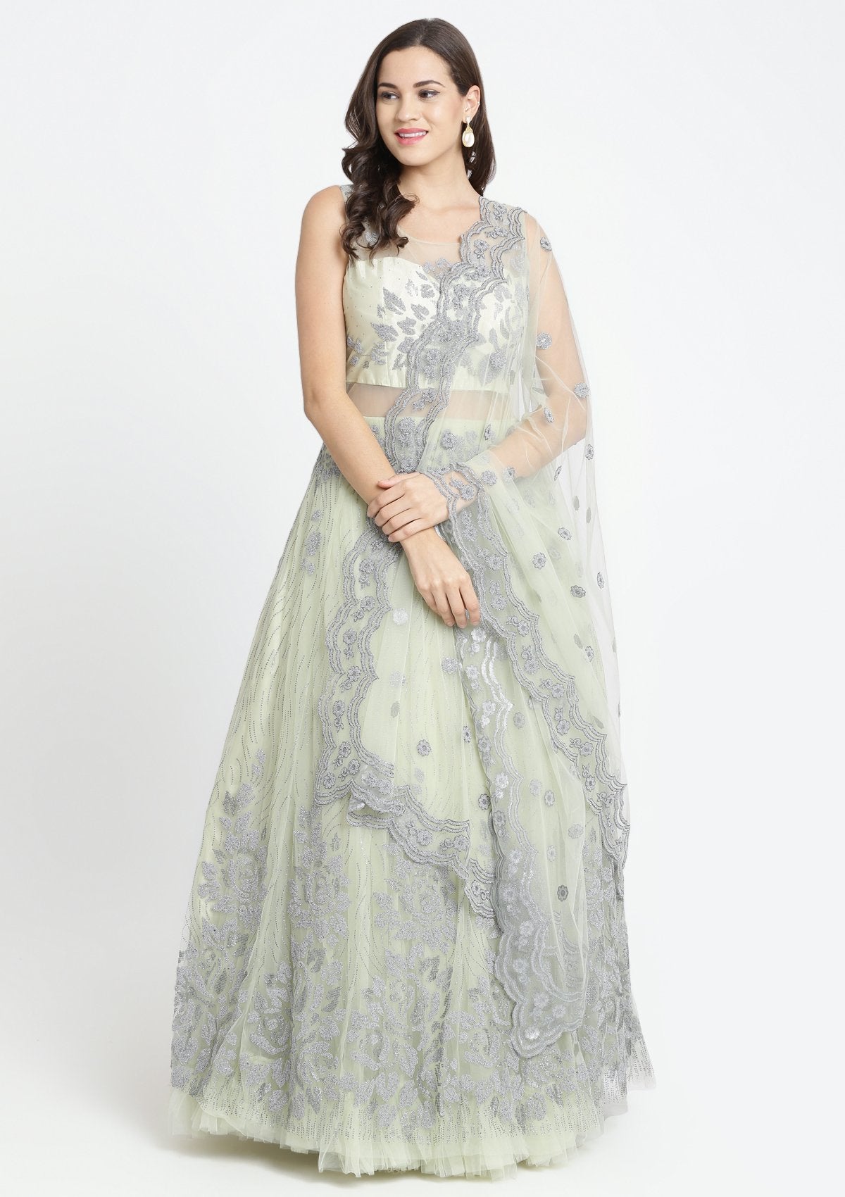 Pista Green Glitter Net Designer Gown-Koskii