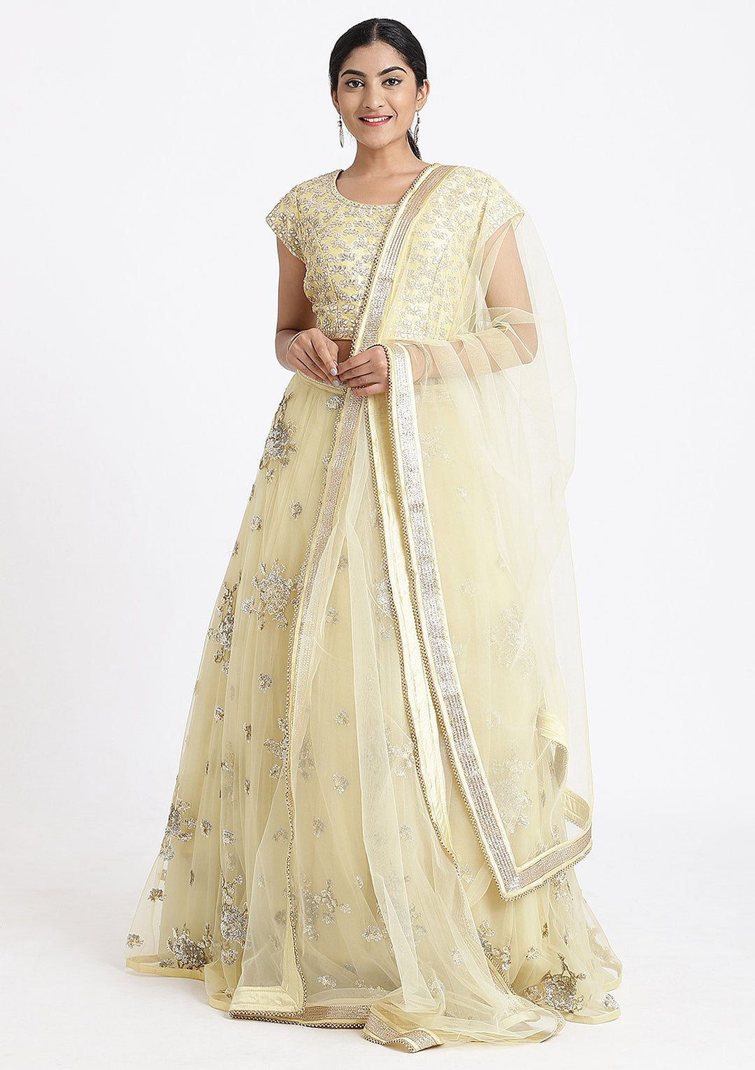 Lemon Yellow Gota Patti Net Designer Lehenga-Koskii