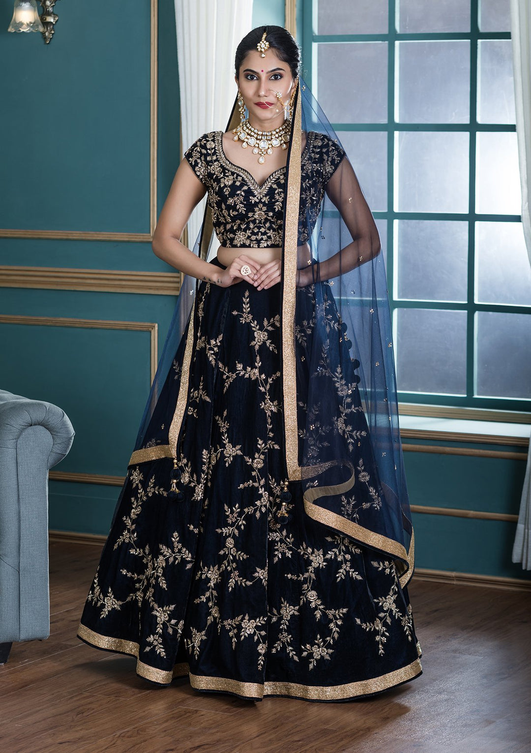 Blue Stone Work Velvet Designer Lehenga-Koskii