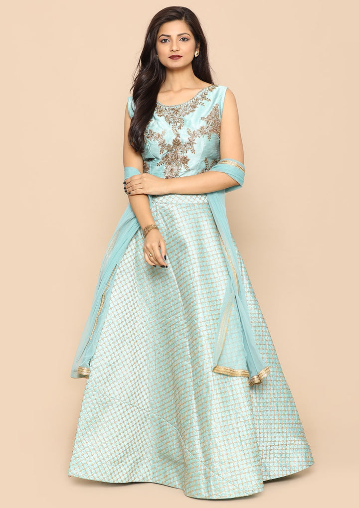 Sea Green Micro Stone Net Designer Lehenga-Koskii