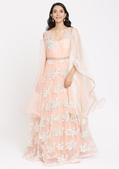 Peach Cutdana Net Designer Gown-Koskii